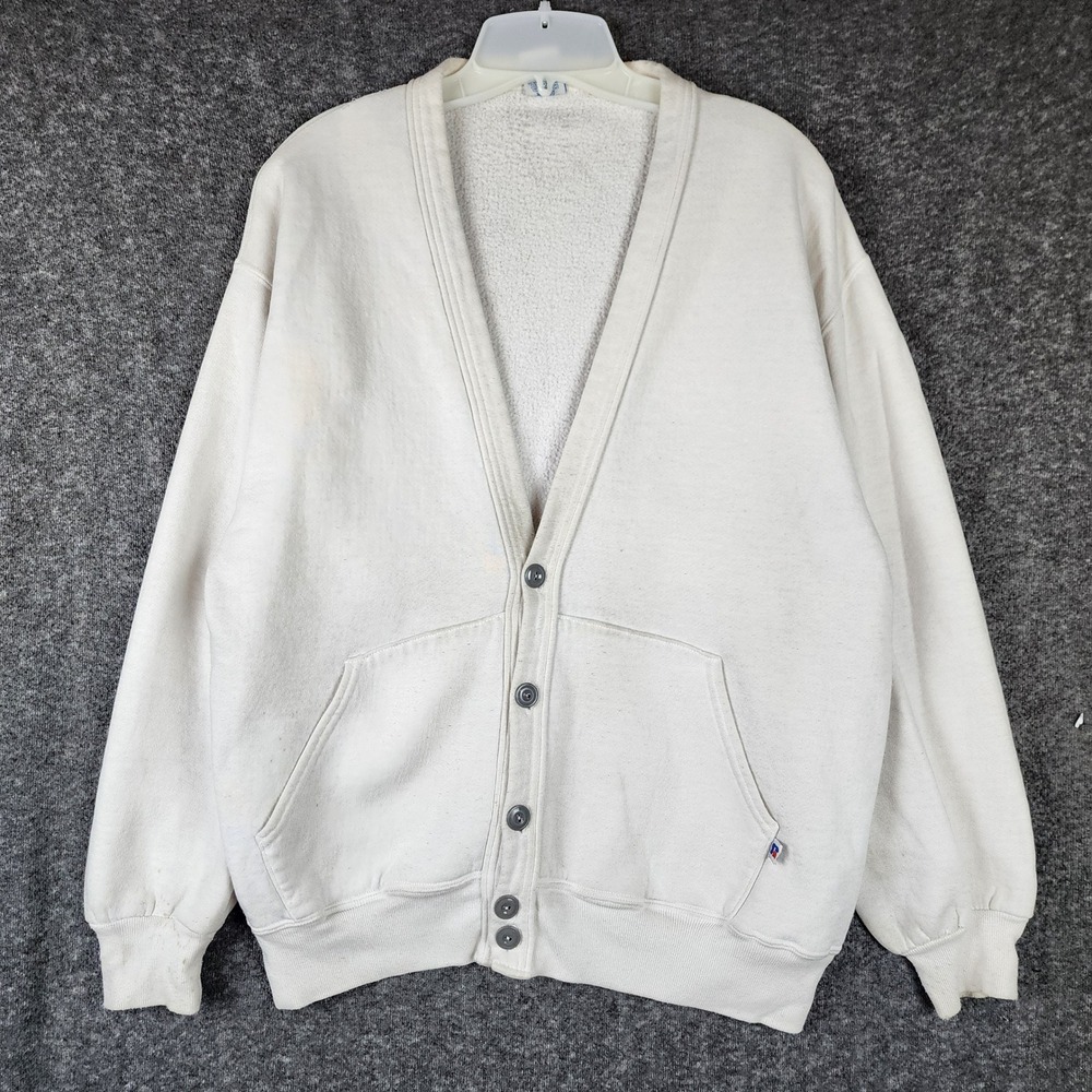 Russell Athletic Cardigan Mens XL Vintage Off-White Button-Down Made in USA GOOD